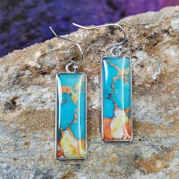 Silver tone rectangle drop earrings. 1”x.5”. Color pattern under clear top. NIP - Picture 2 of 4